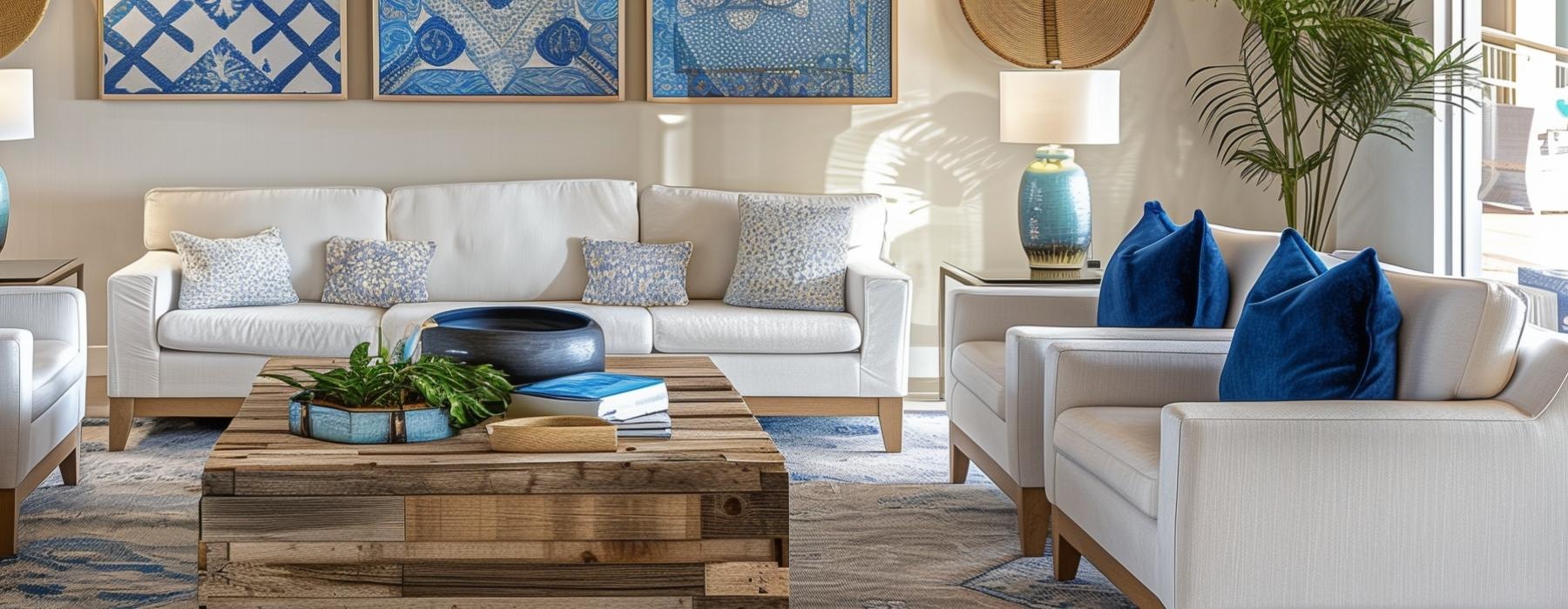 a living room with white couches and a coffee table